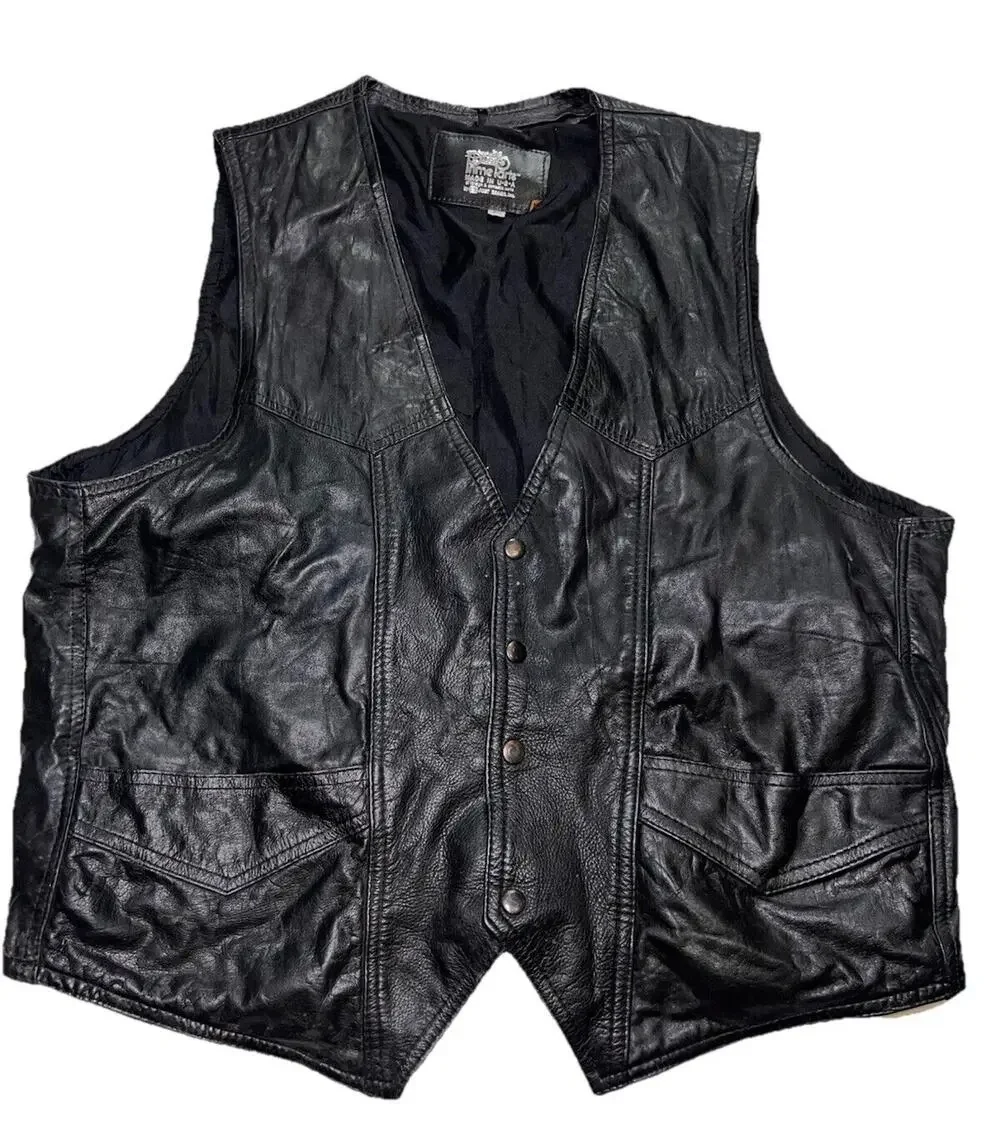 Vintage Leather Vest Men's Size 50 Black Snap Front Motorcycle Biker Harley USA